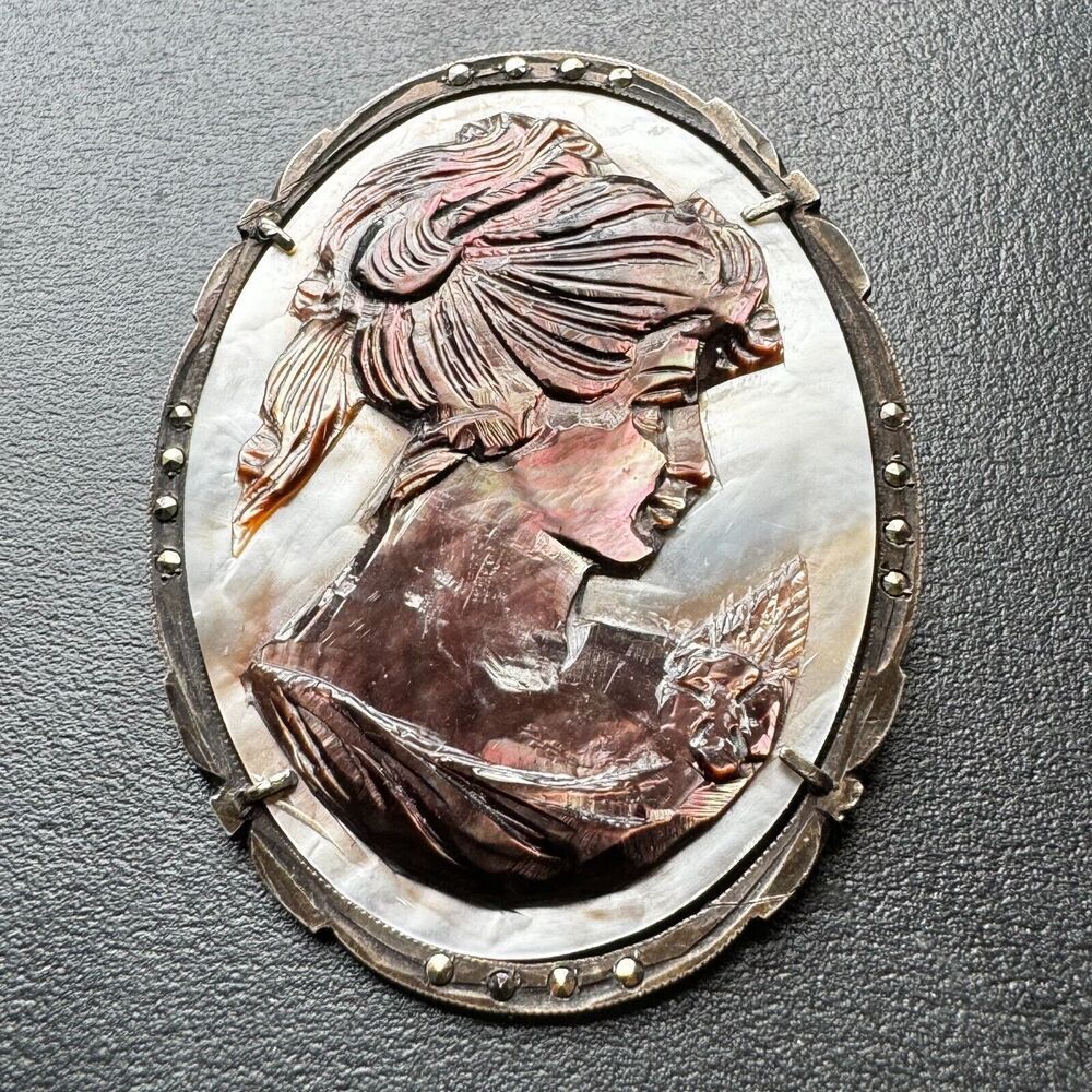 VTG Carved Abalone Shell Marcasite Woman Cameo Sterling Silver Pendant Brooch